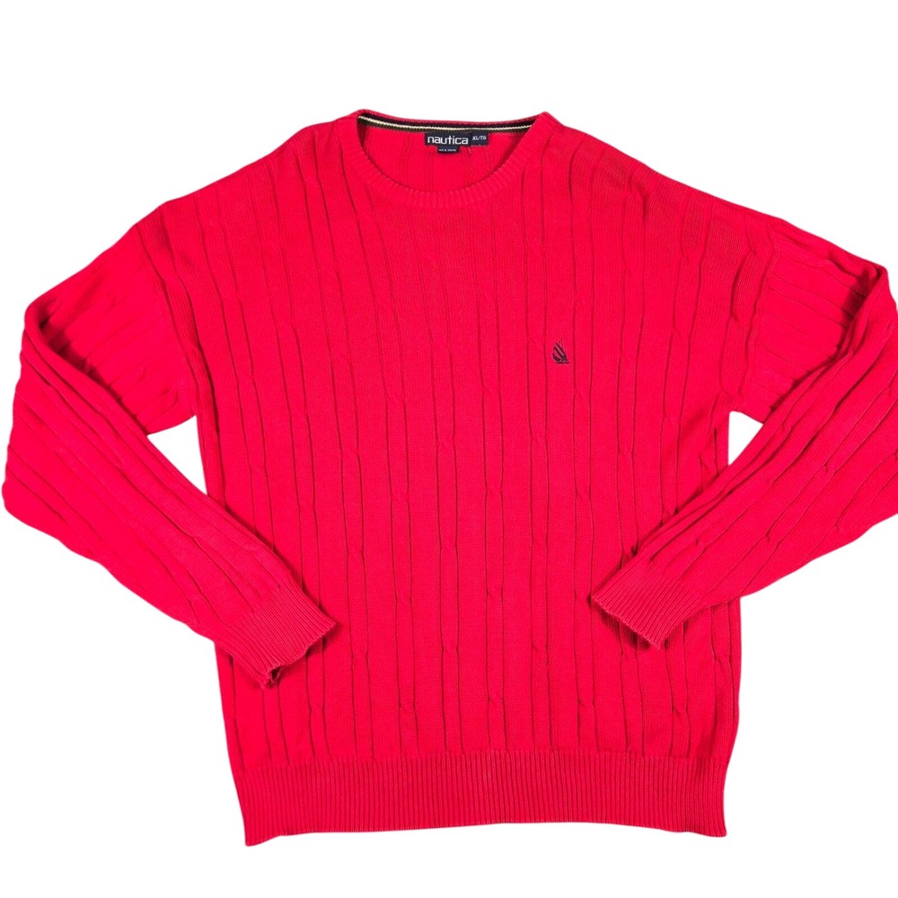 Nautica Cable Knit Sweater Mens XL Red 100% Cotton Crewneck Pullover Logo